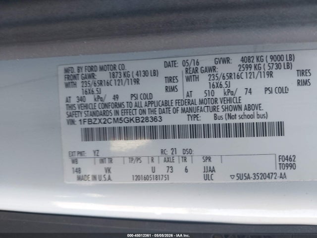 1FBZX2CM5GKB28363 Ford Transit-350 Xl