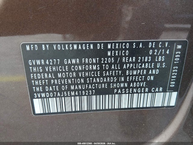 2014 Volkswagen Jetta 1.8t Se მანქანა იყიდება აუქციონზე, vin: 3VWD07AJ5EM419237, აუქციონის ნომერი: 45012365