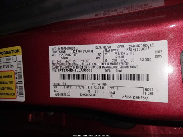 Продаж на аукціоні авто 2020 Ford Ranger Xlt, vin: 1FTER4EH2LLA50533, номер лоту: 45012366