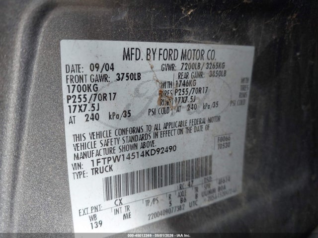 Aukcja sprzedaży 2004 Ford F-150 Fx4/lariat/xlt, vin: 1FTPW14514KD92490, numer aukcji: 45012369