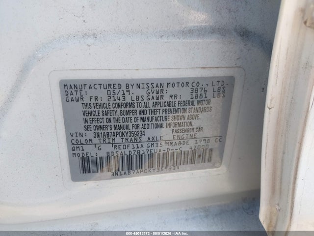Продажа на аукционе авто 2019 Nissan Sentra Sv, vin: 3N1AB7AP0KY359234, номер лота: 45012372