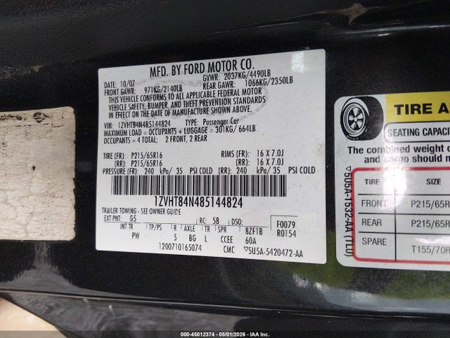 45012374 :رقم المزاد ، 1ZVHT84N485144824 vin ، 2008 Ford Mustang V6 Deluxe/v6 Premium مزاد بيع