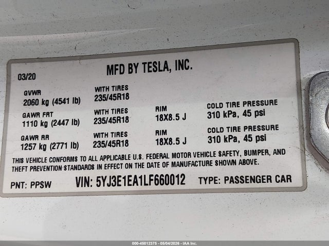 45012375 :رقم المزاد ، 5YJ3E1EA1LF660012 vin ، 2020 Tesla Model 3 Standard Range Plus Rear-wheel Drive/standard Range Rear-wheel Drive مزاد بيع
