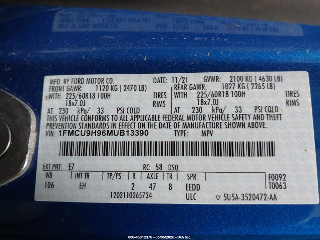 45012376 :رقم المزاد ، 1FMCU9H96MUB13390 vin ، 2021 Ford Escape Sel مزاد بيع