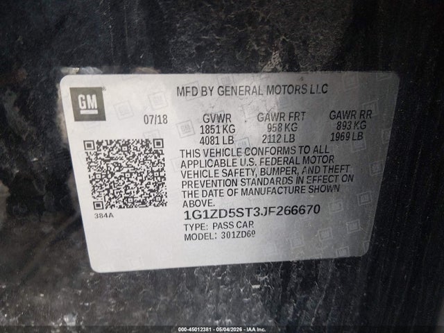 Продажа на аукционе авто 2018 Chevrolet Malibu Lt, vin: 1G1ZD5ST3JF266670, номер лота: 45012381