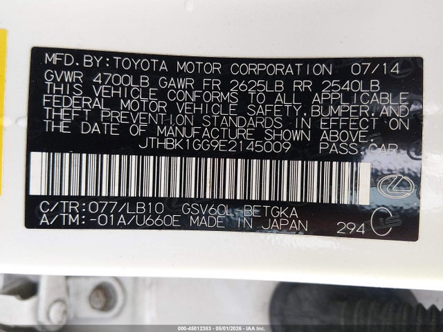 2014 Lexus Es 350 მანქანა იყიდება აუქციონზე, vin: JTHBK1GG9E2145009, აუქციონის ნომერი: 45012383