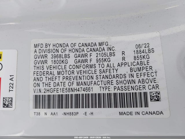 2022 Honda Civic Si Sedan მანქანა იყიდება აუქციონზე, vin: 2HGFE1E58NH474661, აუქციონის ნომერი: 45012409