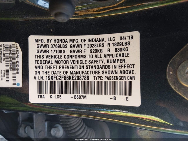 2019 Honda Civic Lx მანქანა იყიდება აუქციონზე, vin: 19XFC2F66KE208788, აუქციონის ნომერი: 45012411
