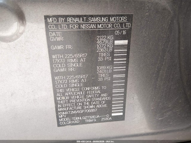 Продажа на аукционе авто 2016 Nissan Rogue S/sl/sv, vin: KNMAT2MV6GP706887, номер лота: 45012414