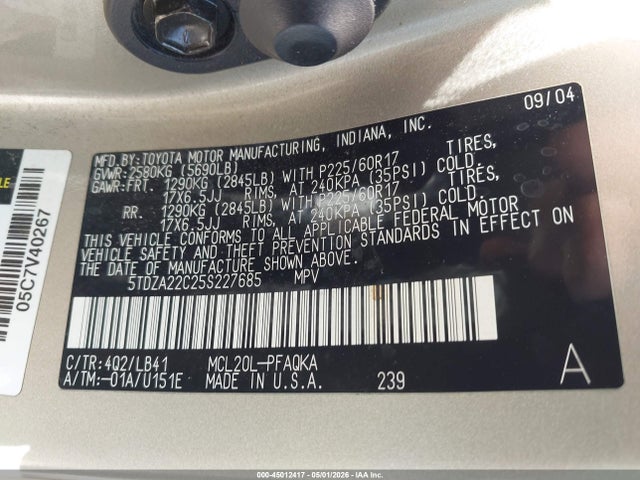 Aukcja sprzedaży 2005 Toyota Sienna Xle, vin: 5TDZA22C25S227685, numer aukcji: 45012417