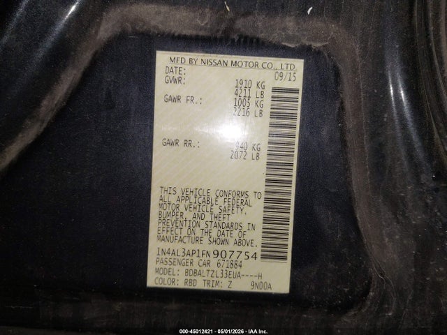 2015 Nissan Altima 2.5 Sl მანქანა იყიდება აუქციონზე, vin: 1N4AL3AP1FN907754, აუქციონის ნომერი: 45012421