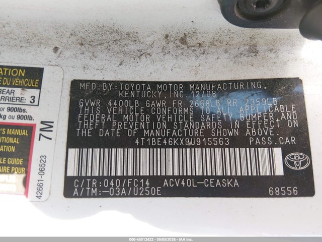 Продажа на аукционе авто 2009 Toyota Camry Se, vin: 4T1BE46KX9U915563, номер лота: 45012422