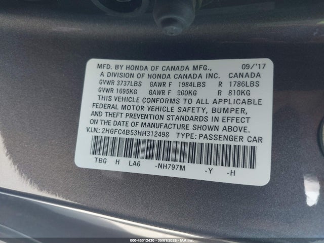 45012430 :رقم المزاد ، 2HGFC4B53HH312498 vin ، 2017 Honda Civic Lx مزاد بيع