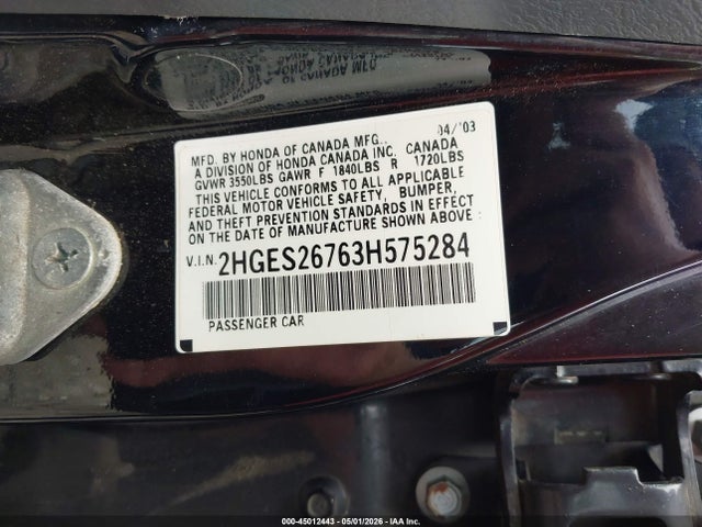 45012443 :رقم المزاد ، 2HGES26763H575284 vin ، 2003 Honda Civic Ex مزاد بيع