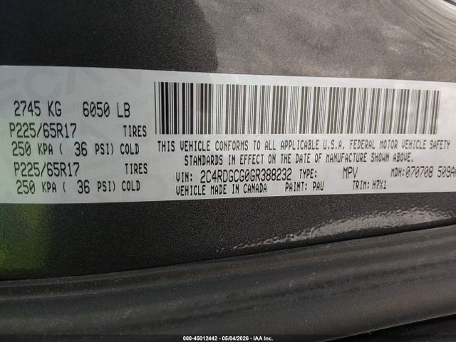 45012442 :رقم المزاد ، 2C4RDGCG0GR388232 vin ، 2016 Dodge Grand Caravan Sxt مزاد بيع