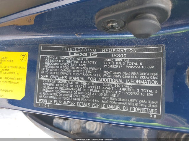Aukcja sprzedaży 2001 Lexus Is 300, vin: JTHBD182810015449, numer aukcji: 45012447