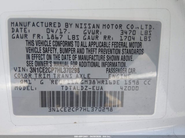 Nissan Versa Note Sv 2017 3N1CE2CP7HL370298 Image 9