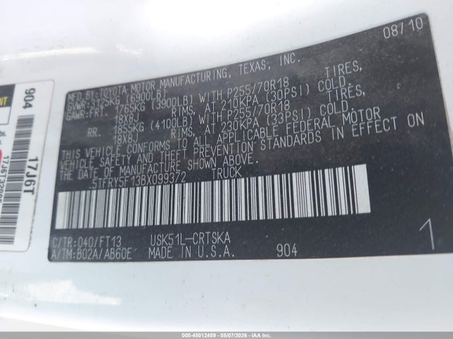 Продажа на аукционе авто 2011 Toyota Tundra Grade 5.7l V8, vin: 5TFRY5F13BX099372, номер лота: 45012459