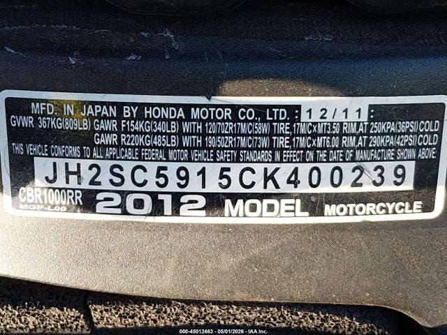 Aukcja sprzedaży 2012 Honda Cbr1000 Rr, vin: JH2SC5915CK400239, numer aukcji: 45012463