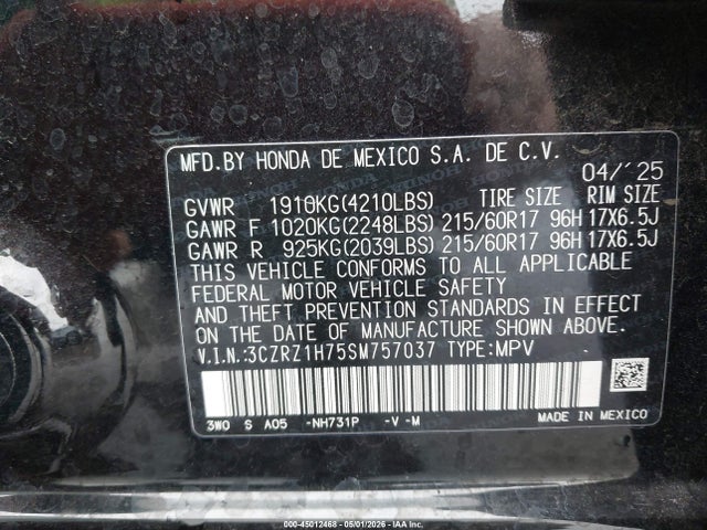 2025 Honda Hr-v 2wd Ex-l მანქანა იყიდება აუქციონზე, vin: 3CZRZ1H75SM757037, აუქციონის ნომერი: 45012468