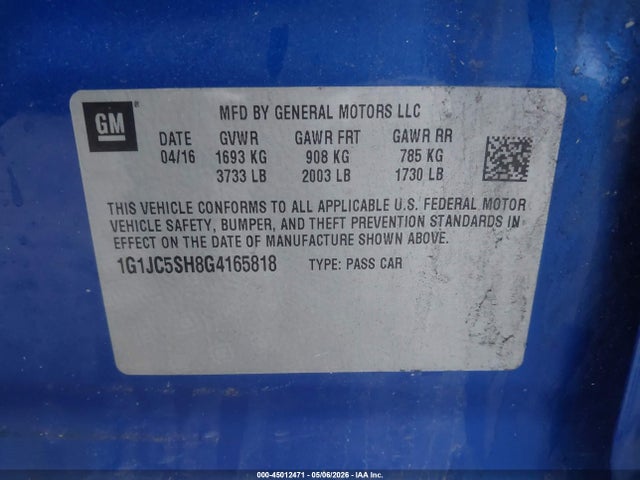 45012471 :رقم المزاد ، 1G1JC5SH8G4165818 vin ، 2016 Chevrolet Sonic Lt Auto مزاد بيع