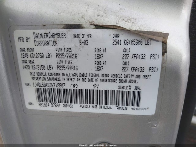 Aukcja sprzedaży 2003 Jeep Liberty Limited Edition, vin: 1J4GL58K63W719807, numer aukcji: 45012477