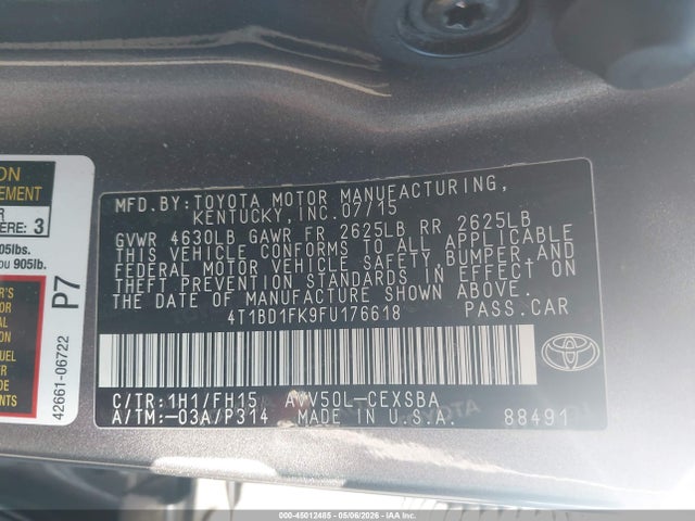 4T1BD1FK9FU176618 Toyota Camry Hybrid Se