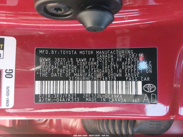 Aukcja sprzedaży 2017 Toyota Corolla Le, vin: 2T1BURHE7HC748179, numer aukcji: 45012486