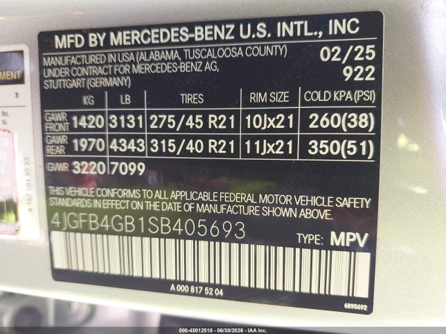 Aukcja sprzedaży 2025 Mercedes-benz Gle 450e 4matic, vin: 4JGFB4GB1SB405693, numer aukcji: 45012518