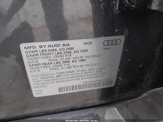 WA1GAAFY6N2096740 Audi Q5 Premium 45 Tfsi S Line Quattro S Tronic