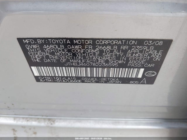 Aukcja sprzedaży 2008 Lexus Es 350, vin: JTHBJ46G782236595, numer aukcji: 45012553