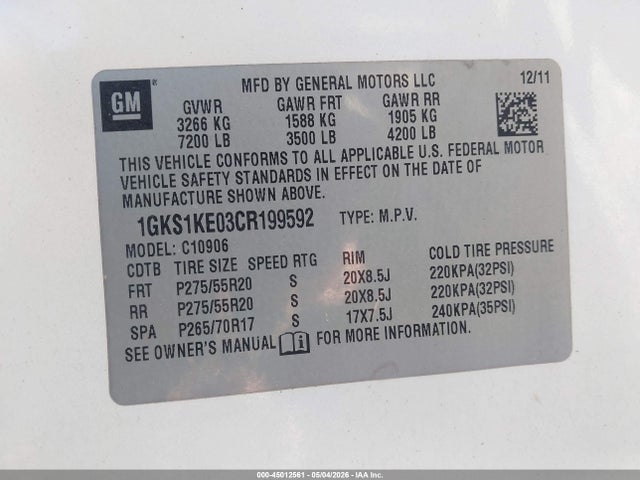 Aukcja sprzedaży 2012 Gmc Yukon Xl 1500 Slt, vin: 1GKS1KE03CR199592, numer aukcji: 45012561