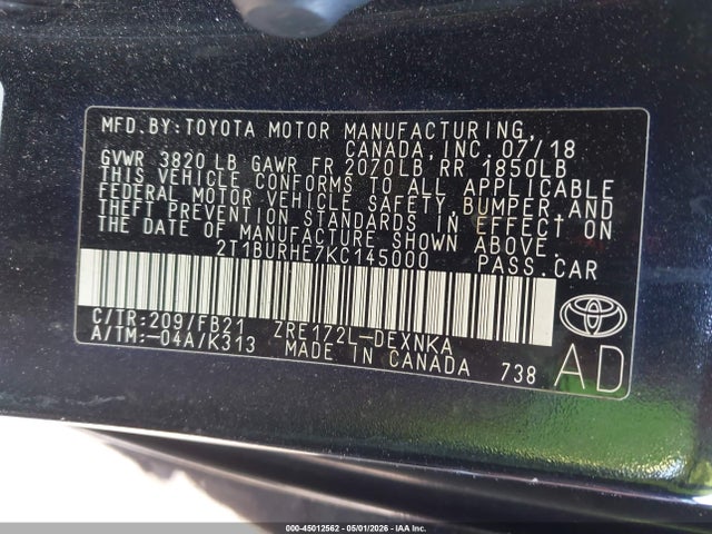Продаж на аукціоні авто 2019 Toyota Corolla Le, vin: 2T1BURHE7KC145000, номер лоту: 45012562