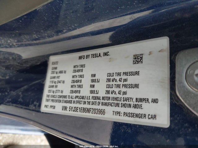 5YJ3E1EB6NF203966 Tesla Model 3 Long Range Dual Motor All-wheel Drive