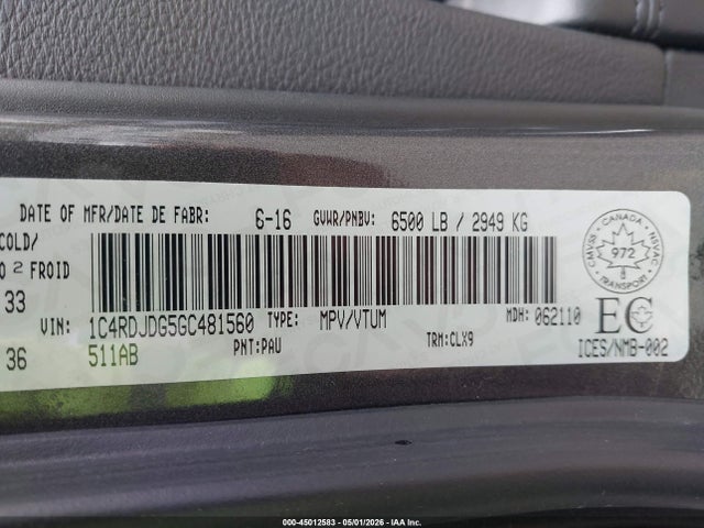 Aukcja sprzedaży 2016 Dodge Durango Limited, vin: 1C4RDJDG5GC481560, numer aukcji: 45012583