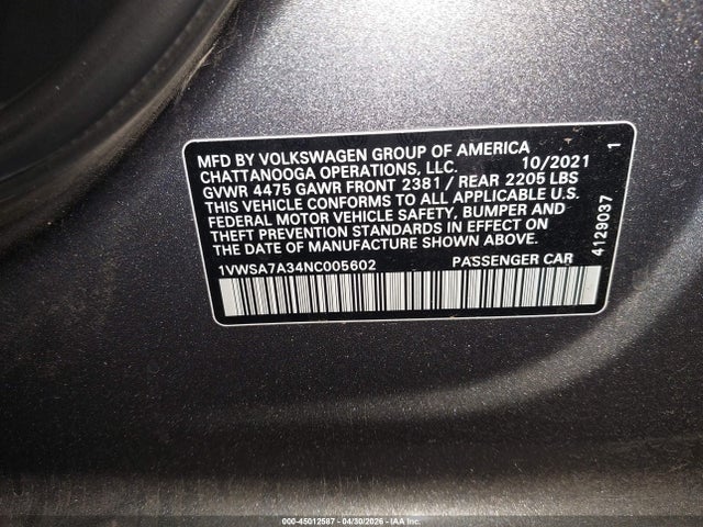 2022 Volkswagen Passat 2.0t Se მანქანა იყიდება აუქციონზე, vin: 1VWSA7A34NC005602, აუქციონის ნომერი: 45012587