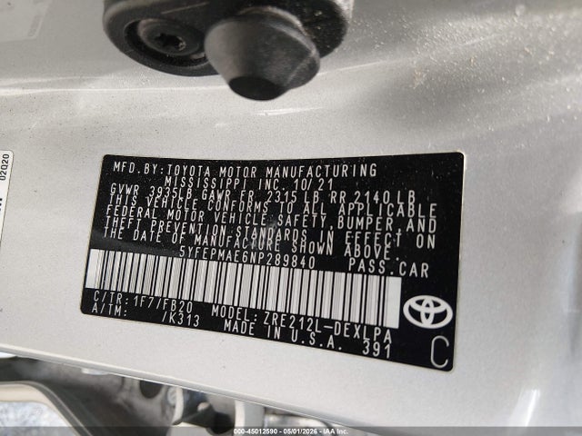 2022 Toyota Corolla Le მანქანა იყიდება აუქციონზე, vin: 5YFEPMAE6NP289840, აუქციონის ნომერი: 45012590