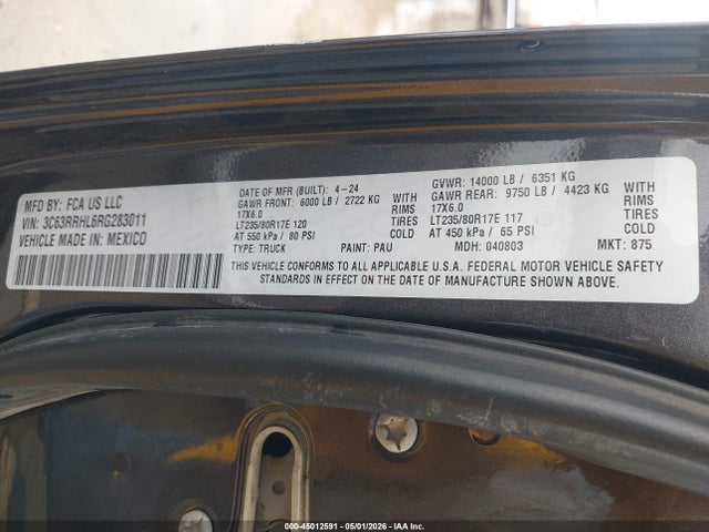 45012591 :رقم المزاد ، 3C63RRHL6RG283011 vin ، 2024 Ram 3500 مزاد بيع