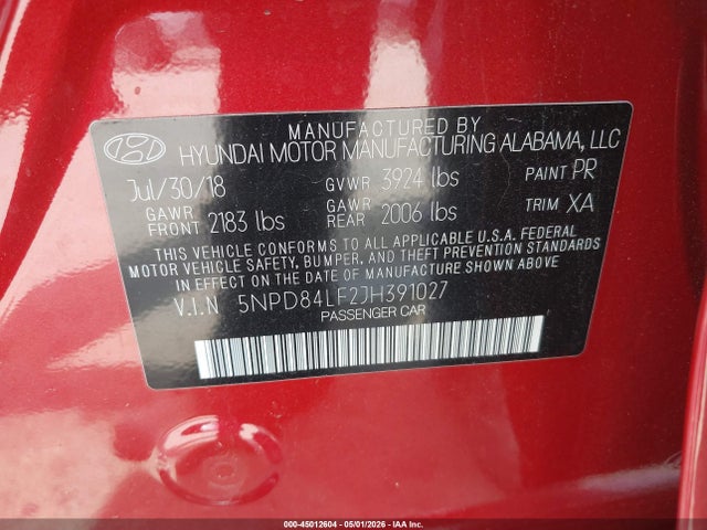 45012604 :رقم المزاد ، 5NPD84LF2JH391027 vin ، 2018 Hyundai Elantra Sel مزاد بيع