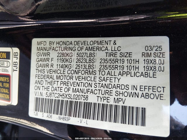 Aukcja sprzedaży 2025 Acura Rdx Technology, vin: 5J8TC2H5XSL020758, numer aukcji: 45012615
