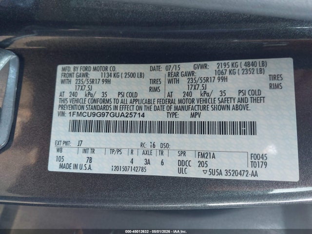 Auction sale of the 2016 Ford Escape Se, vin: 1FMCU9G97GUA25714, lot number: 45012632