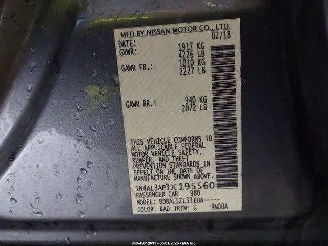 2018 Nissan Altima 2.5 Sv მანქანა იყიდება აუქციონზე, vin: 1N4AL3AP3JC195560, აუქციონის ნომერი: 45012633