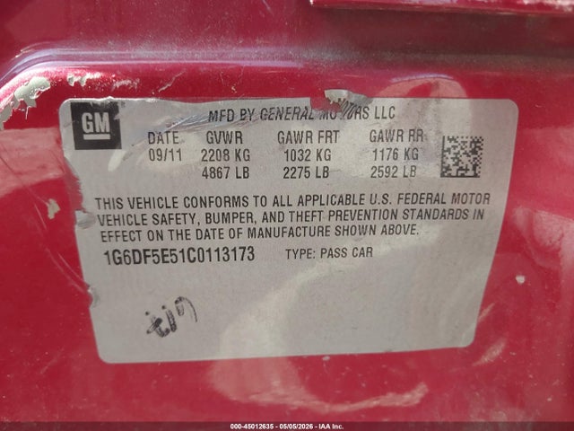 45012635 :رقم المزاد ، 1G6DF5E51C0113173 vin ، 2012 Cadillac Cts Luxury مزاد بيع