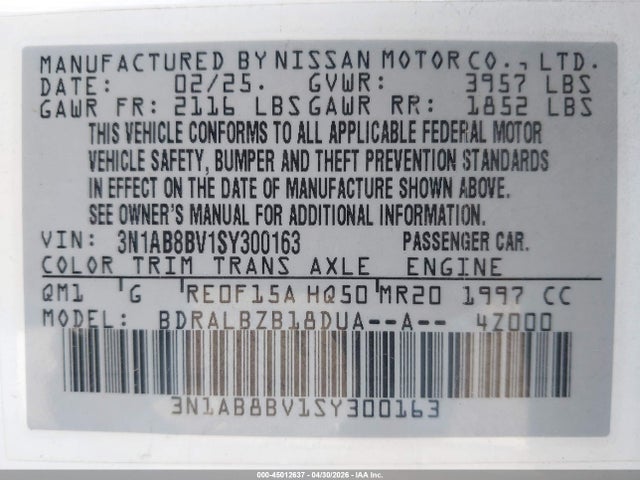 3N1AB8BV1SY300163 Nissan SENTRA S