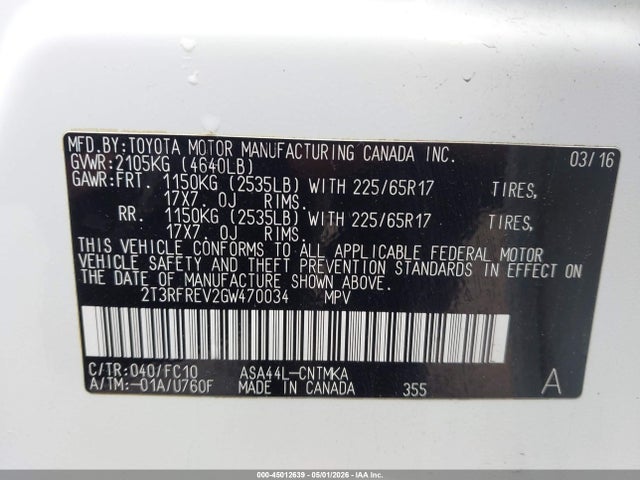 Продажа на аукционе авто 2016 Toyota Rav4 Xle, vin: 2T3RFREV2GW470034, номер лота: 45012639