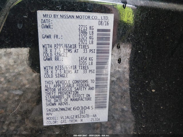 45012647 :رقم المزاد ، 5N1DR2MN2HC603045 vin ، 2017 Nissan Pathfinder Sl مزاد بيع