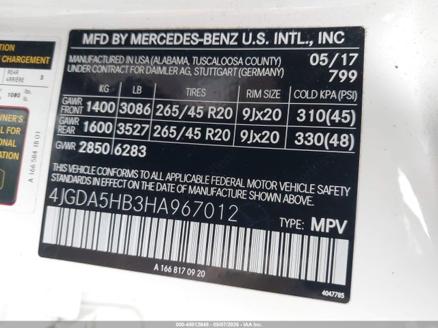 Продажа на аукционе авто 2017 Mercedes-benz Gle 350 4matic, vin: 4JGDA5HB3HA967012, номер лота: 45012648