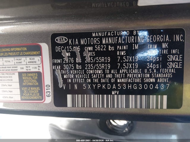 5XYPKDA53HG300437 KIA Sorento 3.3l Sxl