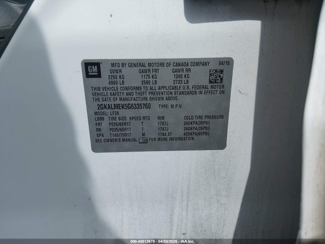Aukcja sprzedaży 2016 Gmc Terrain Sle-1, vin: 2GKALMEK5G6335760, numer aukcji: 45012670