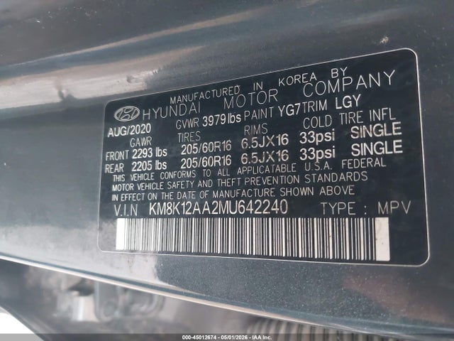 45012674 :رقم المزاد ، KM8K12AA2MU642240 vin ، 2021 Hyundai Kona Se مزاد بيع